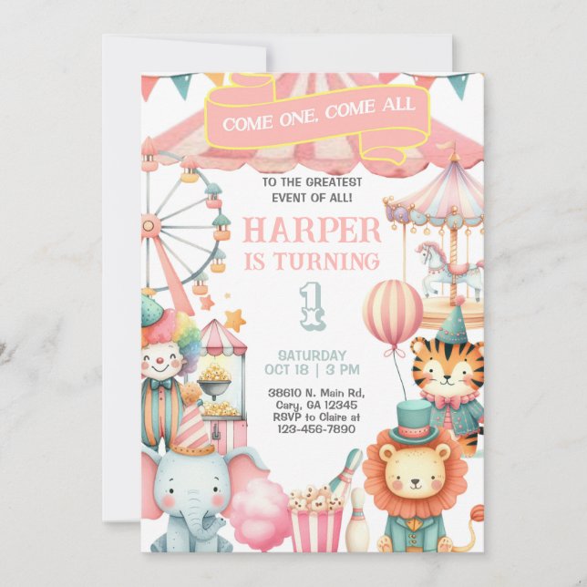 Invitación Carnival / Circus pink girl birthday invitation. (Anverso)