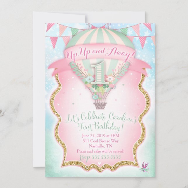 Invitación Carolina del primer cumpleaños del globo aerostáti (Anverso)