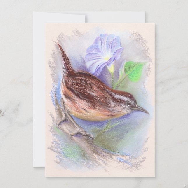 Invitación Carolina Wren con flores de gloria matutinas (Anverso)