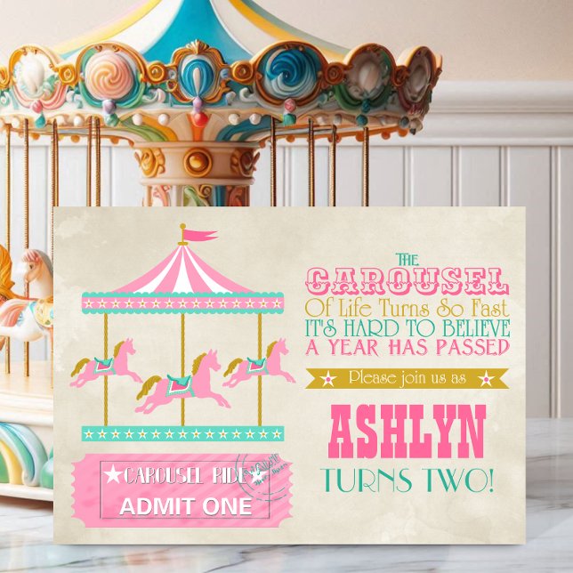 Invitación Carousel Birthday Party (Carousel, the perfect invite for a young child that is growing quickly, front view.)