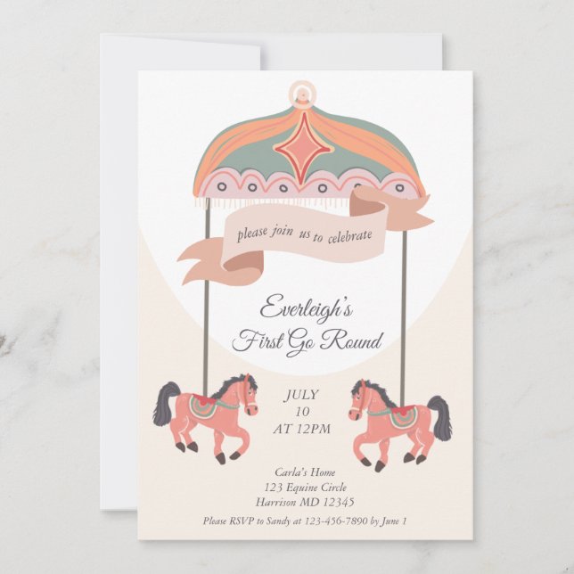 Invitación Carousel Horse Go Round First Birthday  Invitation (Anverso)