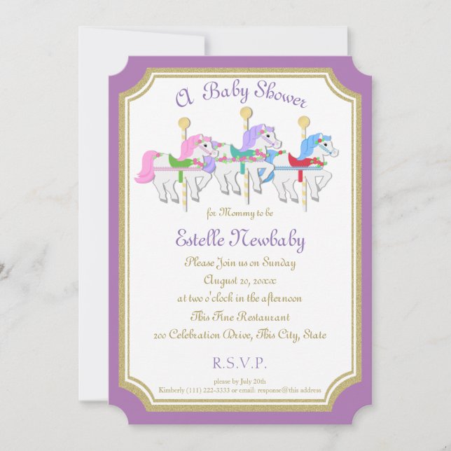 Invitación Carousel Horse Purple Baby Shower (Anverso)