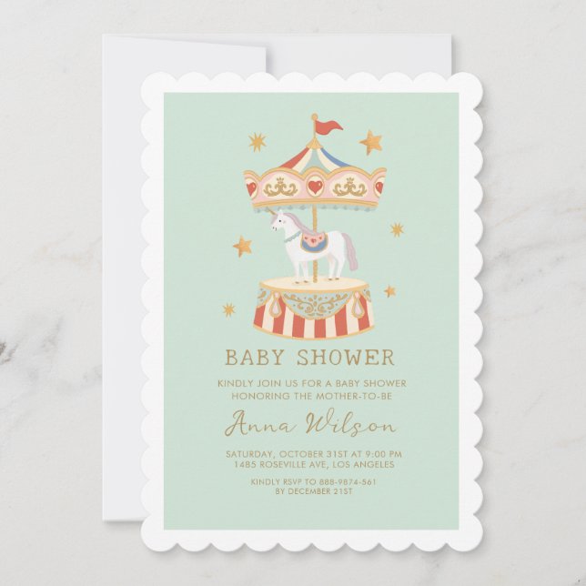 Invitación Carousel Pastel Sage Green Cute Baby Shower (Anverso)