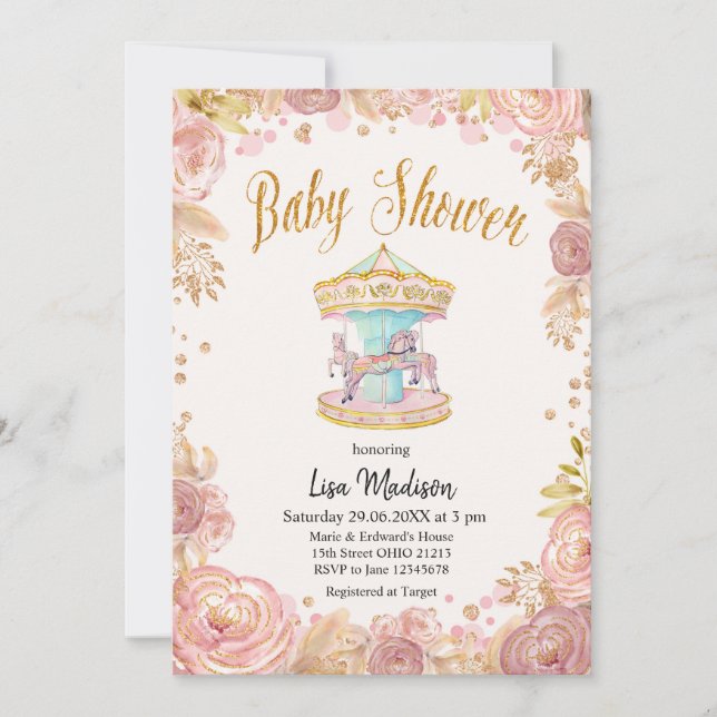 Invitación Carousel Purpurina Rosa Horse Baby Shower (Anverso)