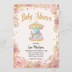 Invitación Carousel Purpurina Rosa Horse Baby Shower