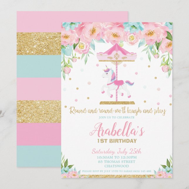 Invitación Carousel Unicorn 1st Birthday Pink Mint Floral (Anverso / Reverso)