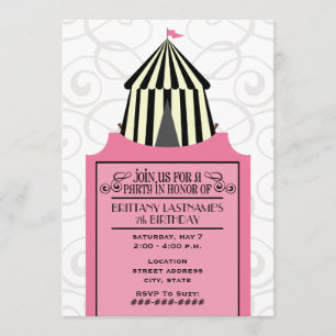 Invitación Carpa en blanco y negro con billete rosado cumplea