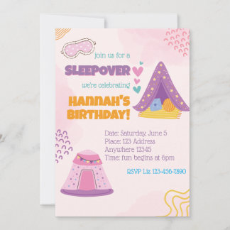 Invitación Carpas de pijamada rosadas de cumpleaños
