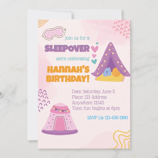 Invitación Carpas de pijamada rosadas de cumpleaños (Anverso)