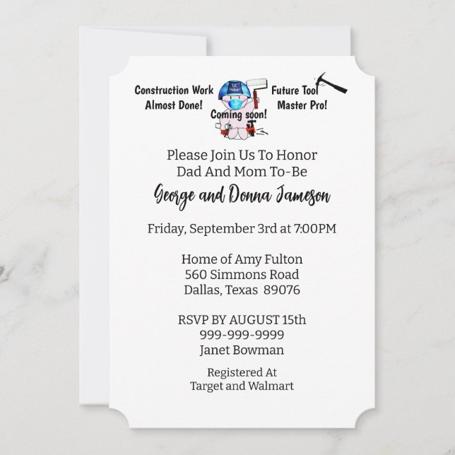 Invitación Carpintero de Baby Boy (Anverso)