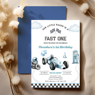 Invitación Carrera de coches azul rápido primero 1er cumpleañ