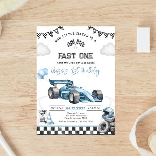 Invitación Carrera de coches azul rápido primero 1er cumpleañ