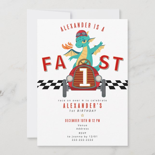 Invitación Carrera de Coches de Carreras Dragón Cumpleaños 1º (Anverso)
