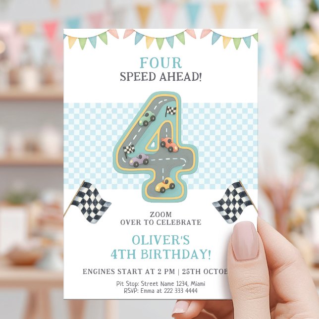 Invitación Carrera de Cumpleaños Pastel de Cuatro Velocidades (Subido por el creador)