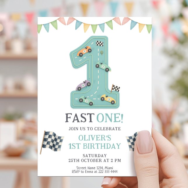 Invitación Carrera de Cumpleaños Pastel Fast One (Subido por el creador)