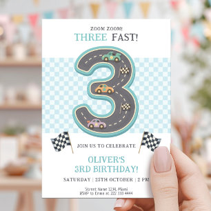 Invitación Carrera de Cumpleaños Tres Rápido Pastel