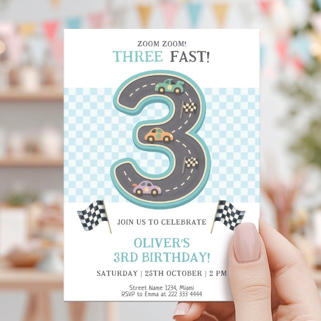 Invitación Carrera de Cumpleaños Tres Rápido Pastel (Subido por el creador)