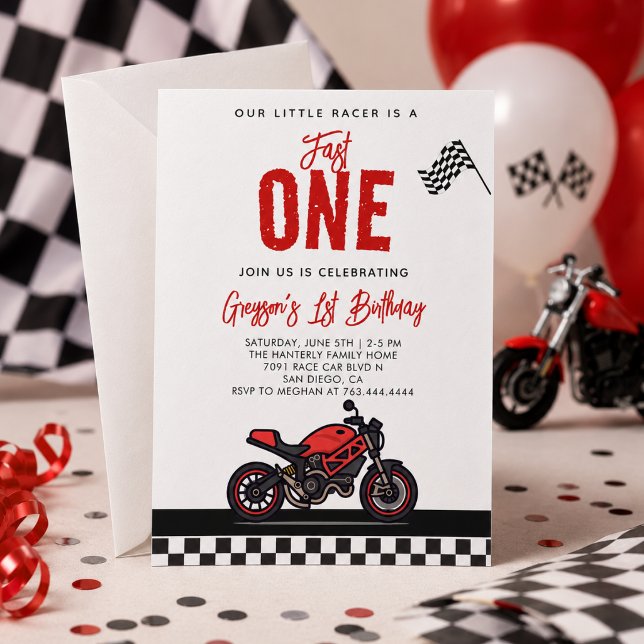 Invitación Carrera de Motocicleta Rápida Fiesta de Cumpleaños (Fast One Race Motorcycle 1st Birthday Party Invitation
)