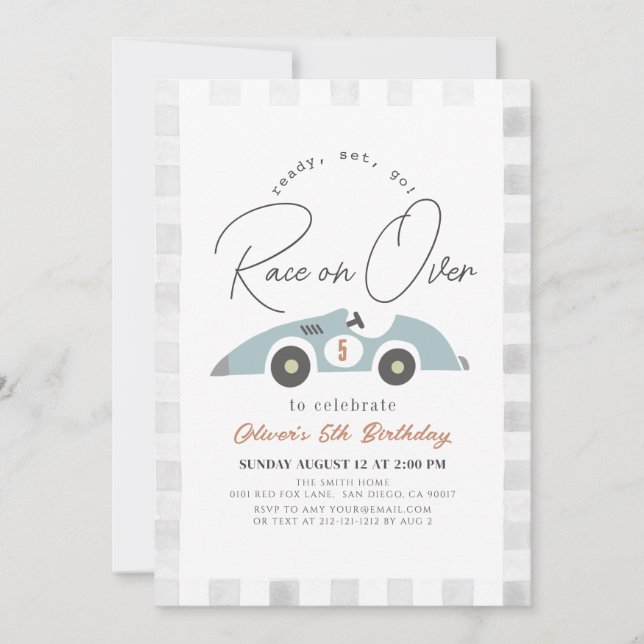 Invitación Carrera por el cumpleaños de Blue Race Car Boy (Anverso)