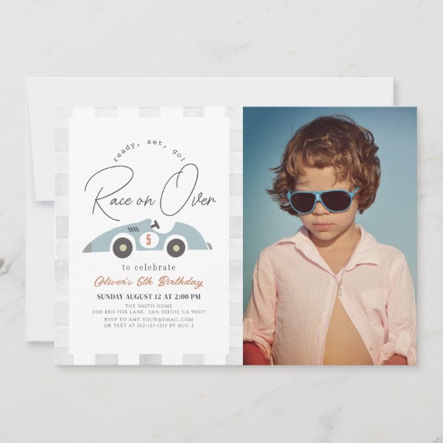 Invitación Carrera por foto de cumpleaños de Blue Race Car Bo (Anverso)