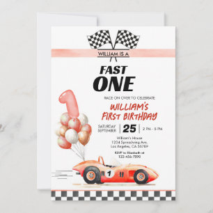 Invitación Carreras Auto Fast One Blue Primer Cumpleaños
