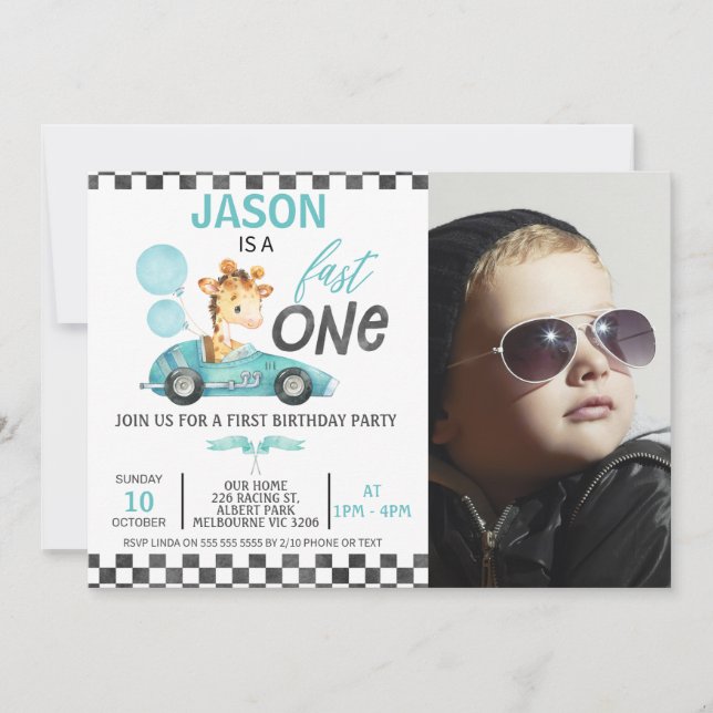 Invitación Carreras azul Coche Globo Giraffe Foto Primer cump (Anverso)