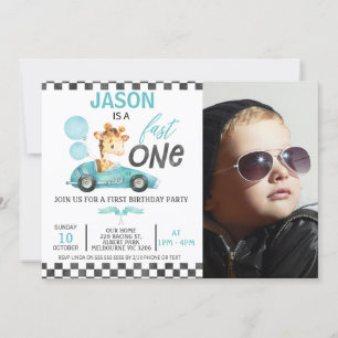 Invitación Carreras azul Coche Globo Giraffe Foto Primer cump