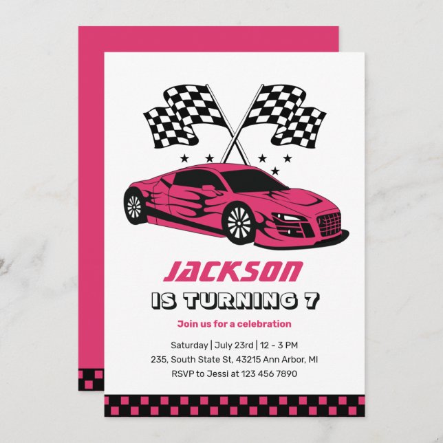 Invitación Carreras de coches de raza rosa Niños niños Cumple (Anverso / Reverso)