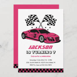 Invitación Carreras de coches de raza rosa Niños niños Cumple