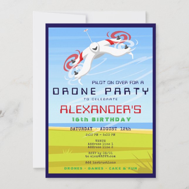 Invitación Carreras de drones RC Sky Zone Partido de cumpleañ (Anverso)