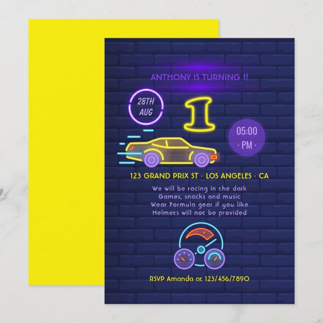 Invitación Carreras de señas Neon Tema del coche Niño primer  (Anverso / Reverso)