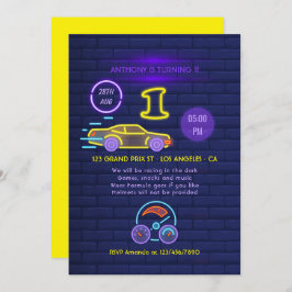 Invitación Carreras de señas Neon Tema del coche Niño primer 