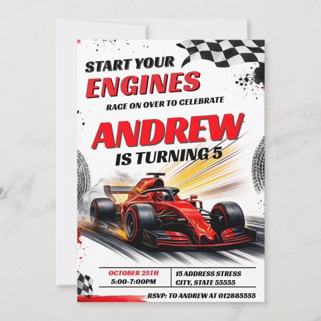 Invitación Carreras deportiva personal Car fiesta de cumpleañ (Anverso)