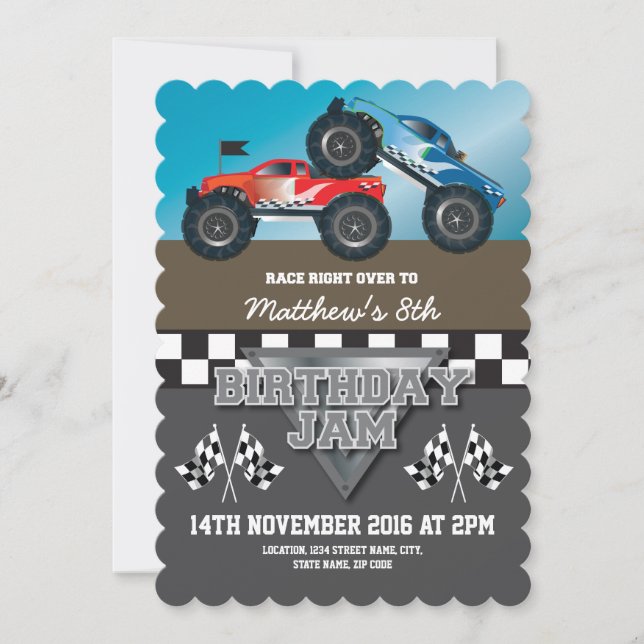 Invitación Carreras Monster Jam Camiones Cumpleaños Personali (Anverso)