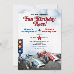 Invitación Carreras Retro Azul y Rojo Coches Hermanos Cumplea