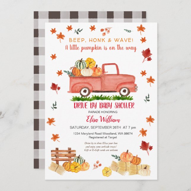 Invitación Carretera De Camión Rojo De Otoño De Baby Shower (Anverso / Reverso)