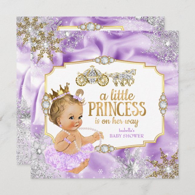 Invitación Carriage Princess Baby Shower Purple Blonde (Anverso / Reverso)