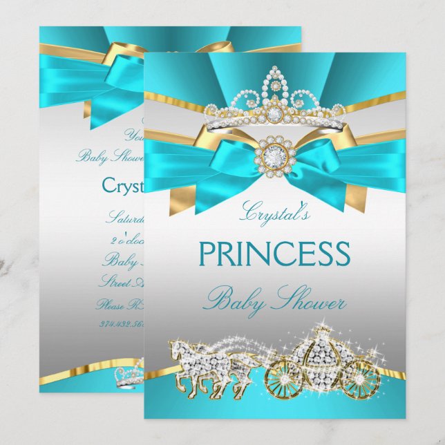 Invitación Carrito Baby Shower para Princesa de oro azul verd (Anverso / Reverso)