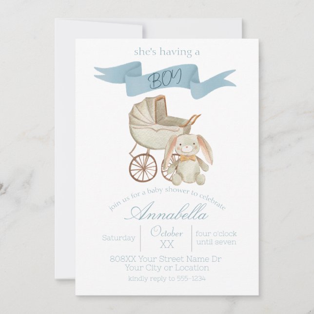 Invitación Carrito de bebé azul ventilado y bebé conejo (Anverso)