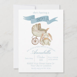 Invitación Carrito de bebé azul ventilado y bebé conejo