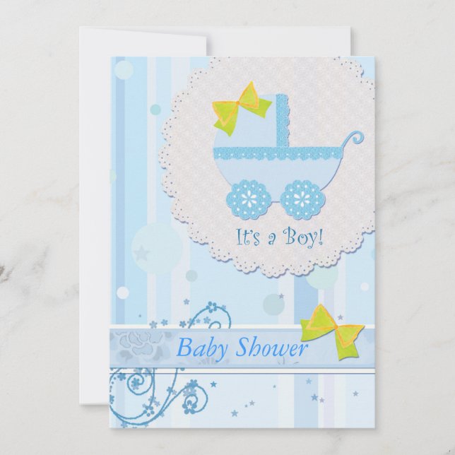Invitación Carrito de bebé Baby Shower azul "It's a Boy" (Anverso)