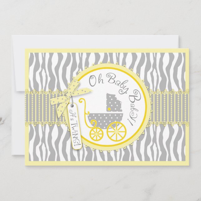 Invitación Carrito de bebé TWIN, Baby Shower amarillo de impr (Anverso)