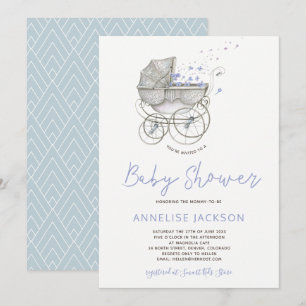 Invitación Carrito de época ducha de niño azul pastel