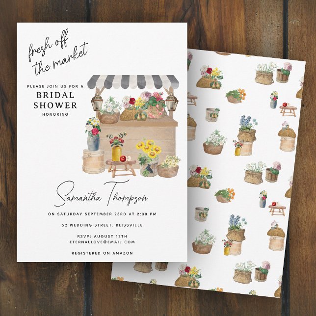 Invitación Carrito de flores de granjero con ducha de novia e (Farmer's Flower Cart Stand Market Bridal Shower Invitation)
