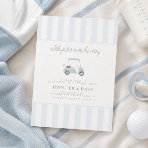 Invitación Carrito de golf azul, pequeño golfista en camino