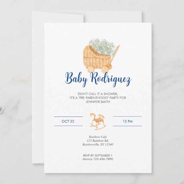 Invitación Carrito de mimbre y bebé de caballo de rocas - Azu (Anverso)