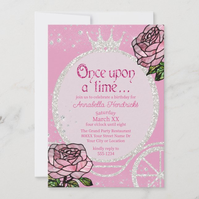 Invitación Carrito de princesa de cuento de hadas y rosas ros (Anverso)