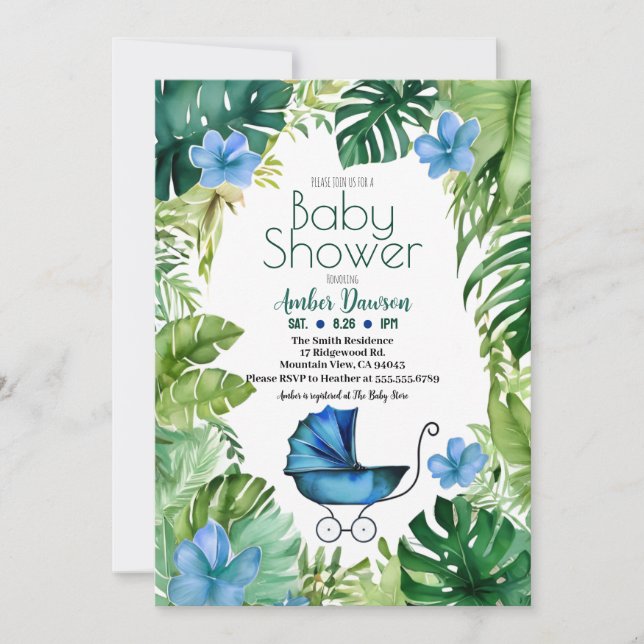 Invitación Carrito de selva tropical azul para niños Baby Sho (Anverso)