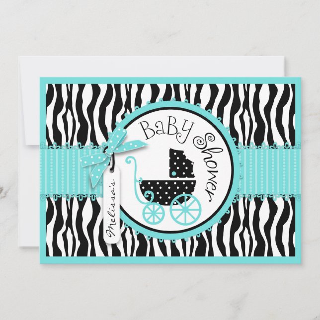 Invitación Carrito para bebés, impresión cebra y Baby Shower  (Anverso)