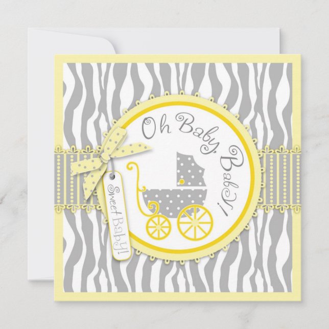 Invitación Carrito para bebés, impresión cebra y Baby Shower  (Anverso)